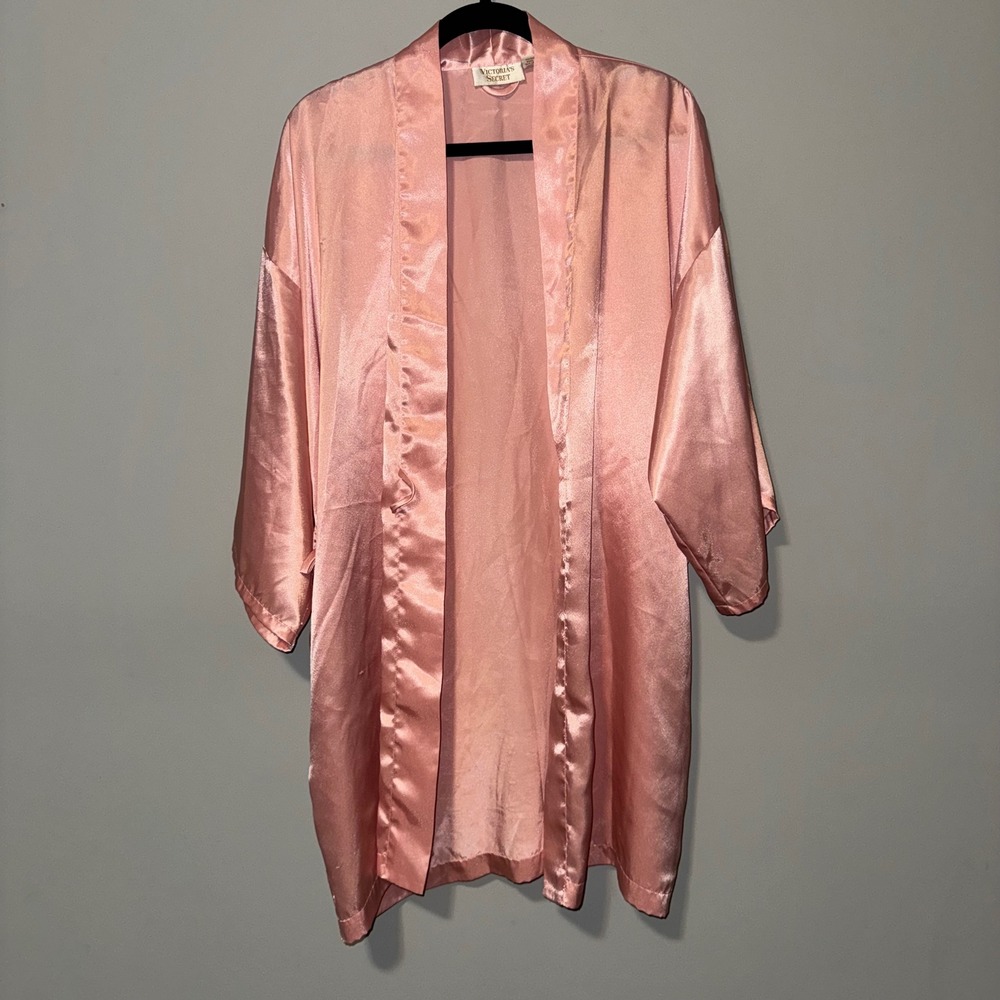 Vintage Victorias Secret Gold‎ Label Satin Kimono Robe Rose Pink 3/4 Sleeve OS